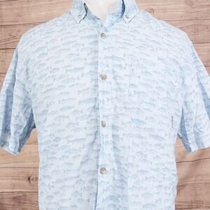 Eddie Bauer Shirt Mens XL Blue Fish Print Short Sleeve Button Front Fishing